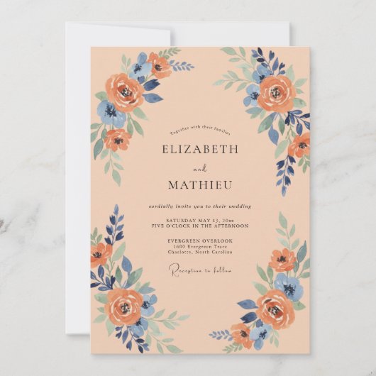 Invitation Mariage Arche de Fleur de Pêche Bleue (Devant)