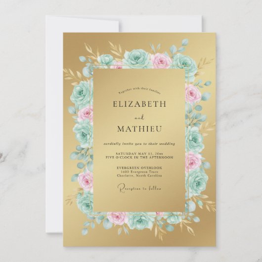 Invitation Mariage Arche de Rose Botanique Or (Devant)