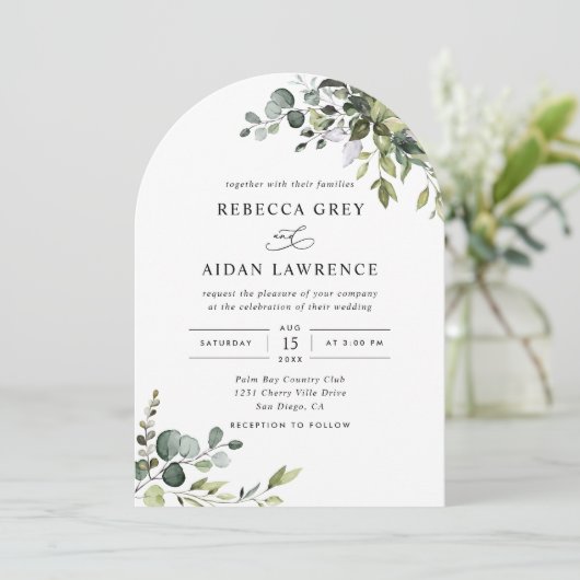 Invitation Mariage Arché Eucalyptus rustique (Debout devant)