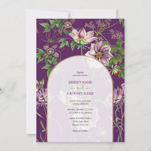 Invitation Mariage Arche Fleurie de Verdure Violette et Or (Devant)