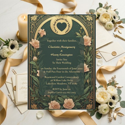 Invitation Mariage Arche Ornée Lily Gold Alphonse Mucha Vert