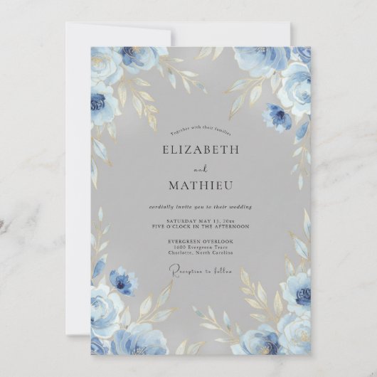 Invitation Mariage Ardoise Bleuet Feuillu (Devant)