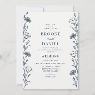 Invitation Mariage Ardoise Bleuet Lisianthus Dessin au Trait