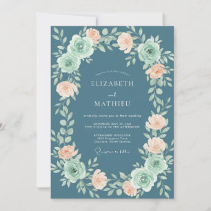 Invitation Mariage Ardoise Corail Ranunculus Eucalyptus Gris