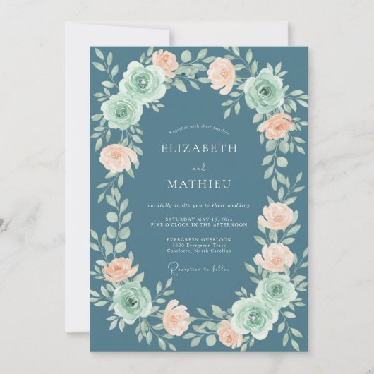 Invitation Mariage Ardoise Corail Ranunculus Eucalyptus Gris (Devant)