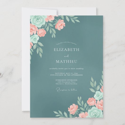 Invitation Mariage Ardoise Corail Ranunculus Eucalyptus Pouss (Devant)