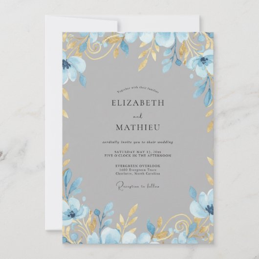 Invitation Mariage Ardoise Douce Feuille D'or (Devant)