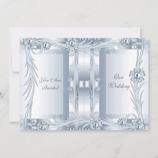 Invitation Mariage Argent Bleu Art Déco Floral (Devant)