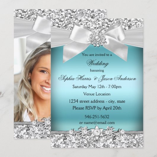 Invitation Mariage Argent Bleu Parties scintillant Bijou Bow (Devant / Derrière)
