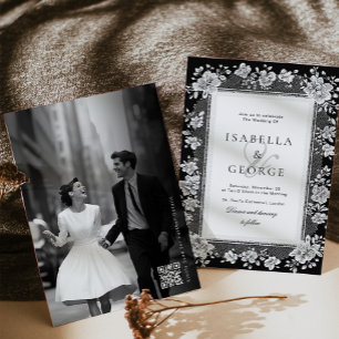 Invitation Mariage Argent et Noir QR Photo Dentelle Vieil Arg