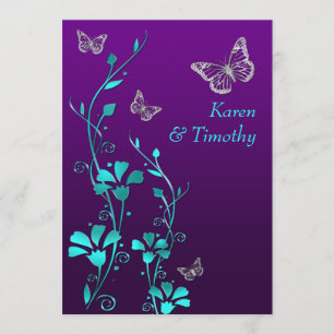 Invitation Mariage   Argent Turquoise violet, floral   Papill