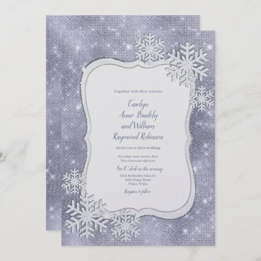 Invitation Mariage argenté d'hiver de flocons de neige (Devant / Derrière)