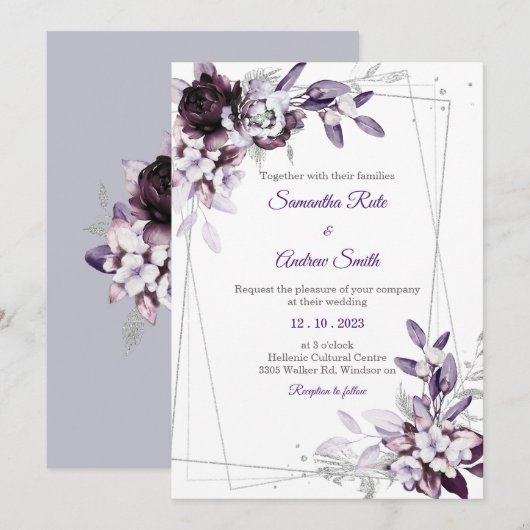 Invitation Mariage Argenté Violet et Lavande (Devant / Derrière)