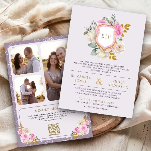 Invitation Mariage armoiries code QR floral rose violet pouss