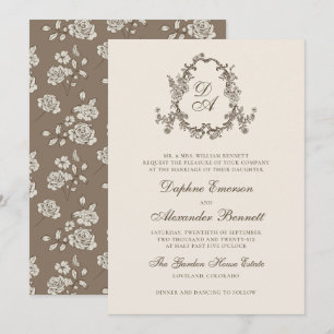 Invitation Mariage Armoiries Florales Marron Vintage