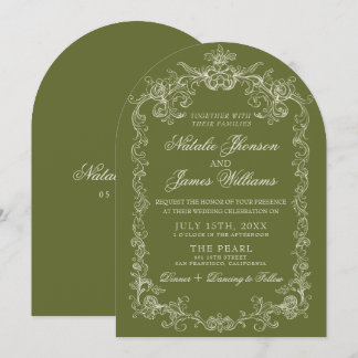 Invitation Mariage Arqué Vert Olive Vintage Argent Ancien