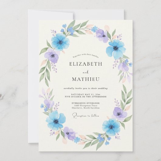 Invitation Mariage Arrangement de Fleurs Bleu Ciel (Devant)