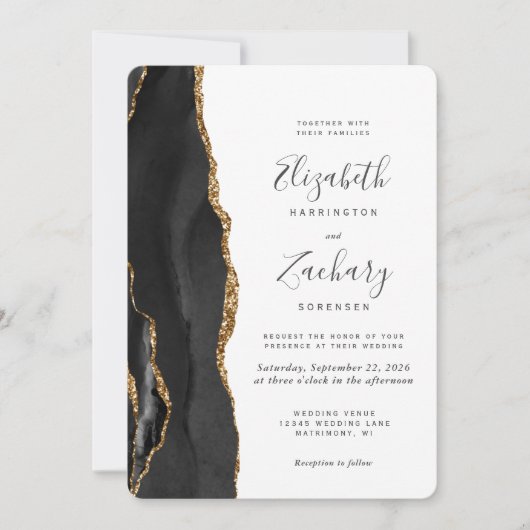 Invitation Mariage arrondi moderne Black Gold Agate (Devant)