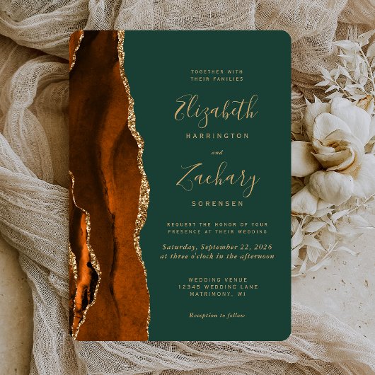 Invitation Mariage Arrondi Vert foncé Chic Rust Or Agate