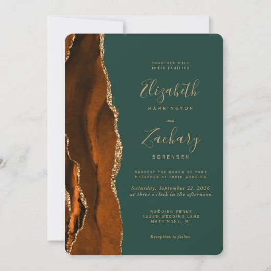 Invitation Mariage Arrondi Vert foncé Chic Rust Or Agate (Devant)