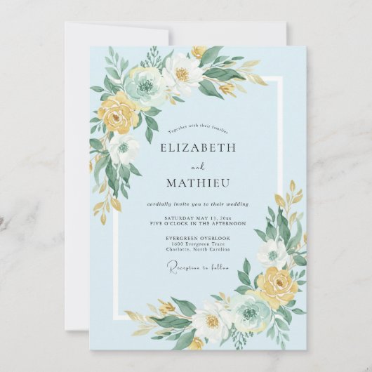Invitation Mariage Art Botanique Bleu Ciel (Devant)