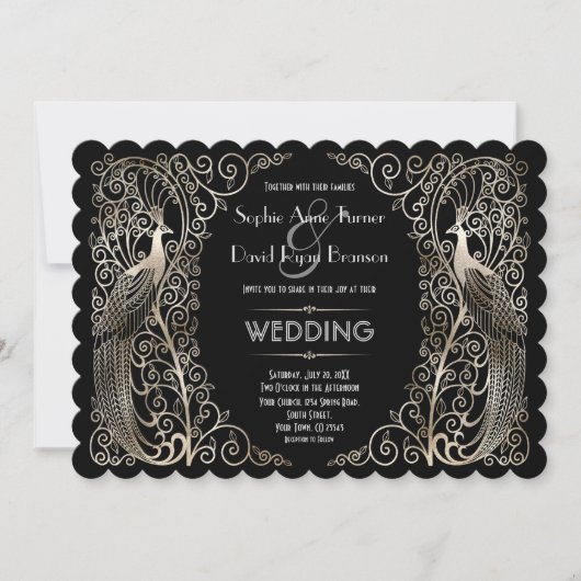 Invitation Mariage Art Déco Argent Charmant Peacocs (Devant)