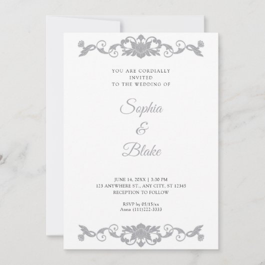 Invitation Mariage Art déco argenté et blanc élégant (Devant)