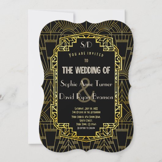 Invitation Mariage Art Déco Black & Gold Great Gatsby (Devant)