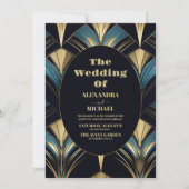 Invitation Mariage Art déco bleu et or glamour (Devant)