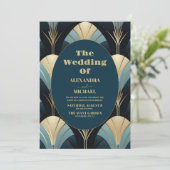 Invitation Mariage Art déco bleu et or sophistiqué (Debout devant)