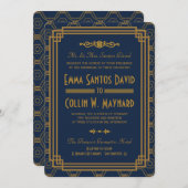 Invitation Mariage Art déco bleu invite (Devant / Derrière)