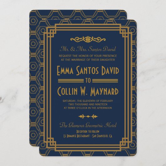 Invitation Mariage Art déco bleu invite (Devant / Derrière)