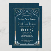 Invitation Mariage Art déco Bling Great Gatsby Gold Blue (Devant / Derrière)