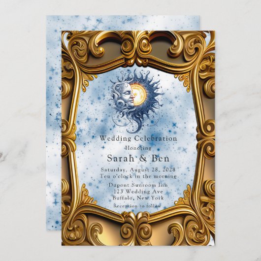 Invitation Mariage Art déco Céleste Jaune Bleu Soleil Lune (Devant / Derrière)