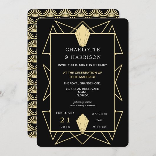 Invitation Mariage Art Déco Classy Black Gold (Devant / Derrière)