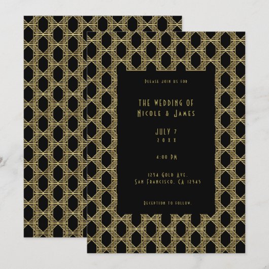 Invitation Mariage Art Déco Diamant Chic Rétro Or Noir  (Devant / Derrière)