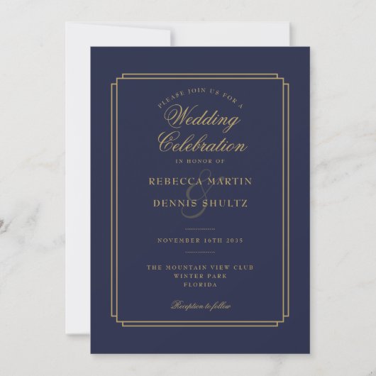 Invitation Mariage Art Déco écriture Navy Blue et Or (Devant)