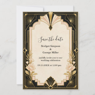Invitation Mariage Art Déco Élégant avec Or Pivoine