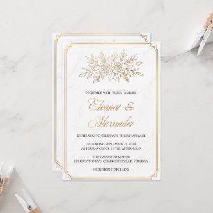 Invitation Mariage Art Déco Élégant Ivoire Or
