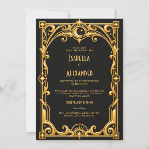 Invitation Mariage Art Déco élégant noir or 1920