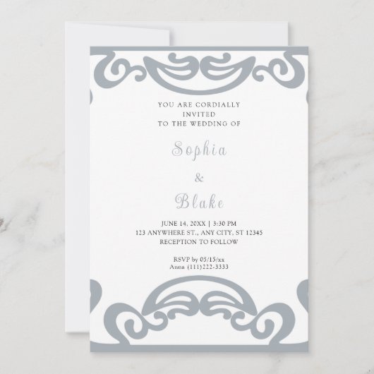 Invitation Mariage Art déco en argent et blanc (Devant)