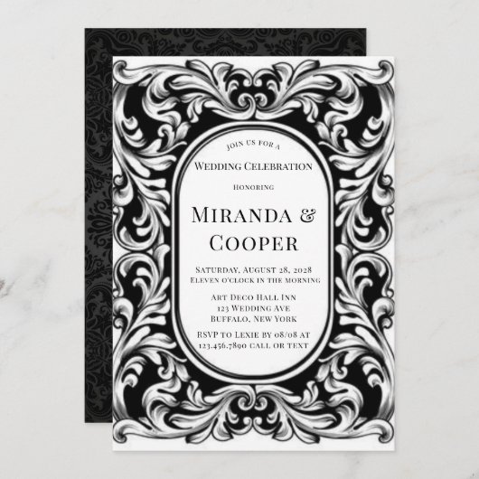 Invitation Mariage Art déco en feuillage noir (Devant / Derrière)