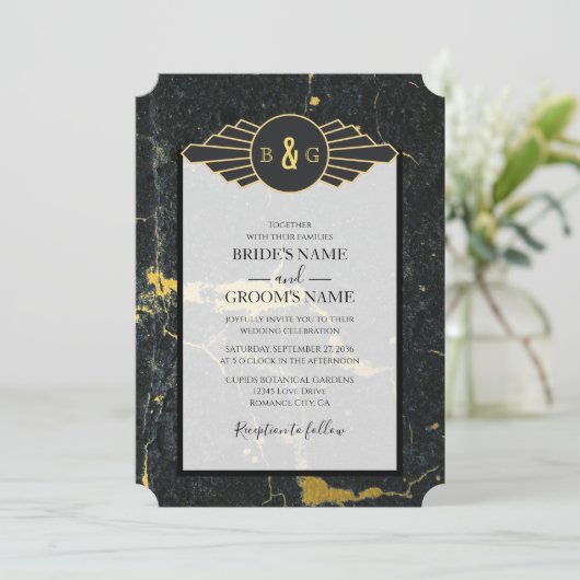 Invitation Mariage Art déco en marbre d'or noir (Debout devant)