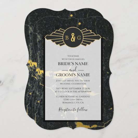 Invitation Mariage Art déco en marbre d'or noir (Devant / Derrière)