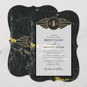 Invitation Mariage Art déco en marbre d'or noir