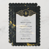 Invitation Mariage Art déco en marbre d'or noir (Devant / Derrière)