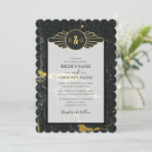 Invitation Mariage Art déco en marbre d'or noir (Debout devant)