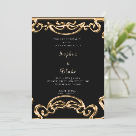 Invitation Mariage Art déco Fancy Black and Gold Scroll (Debout devant)