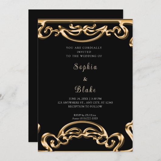Invitation Mariage Art déco Fancy Black and Gold Scroll (Devant / Derrière)