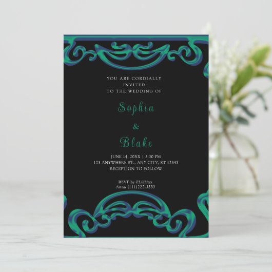 Invitation Mariage Art Déco Fatigué Noir, Vert & Bleu (Debout devant)